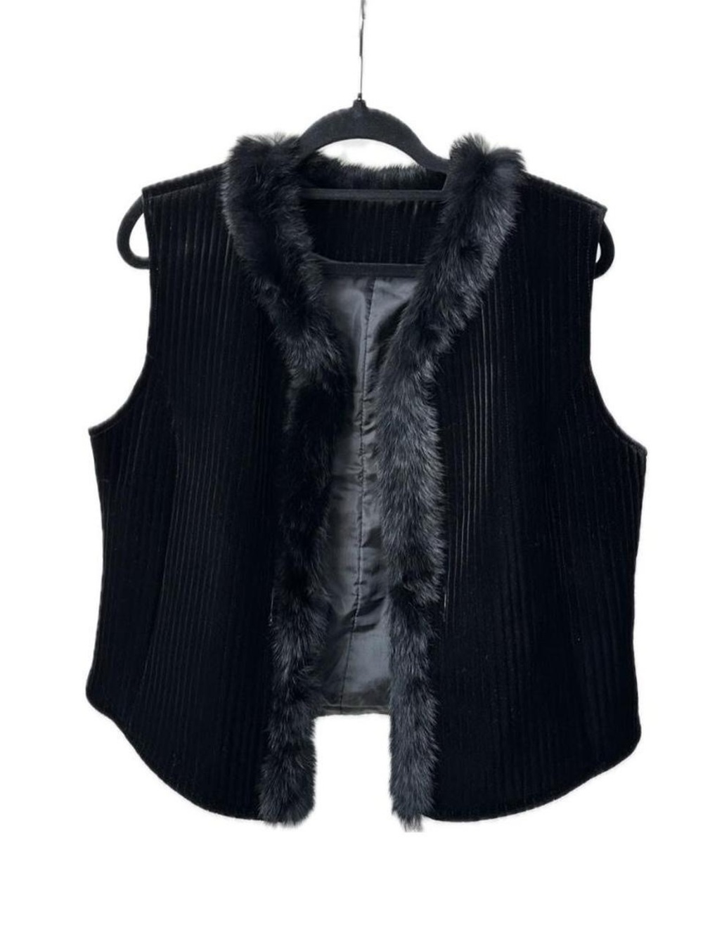 VINTAGE! Y2K Black Rabbit Fur-Trim Velvet Vest - Women's Jacket & Coat M/L